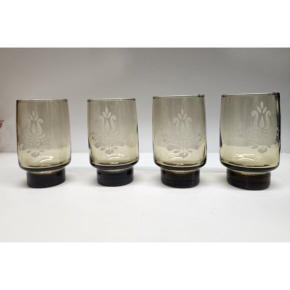 4- Libbey Pfaltzgraff Village Brown Smoke Etched Glasses Vintage Tumblers - Picture 1 of 8
